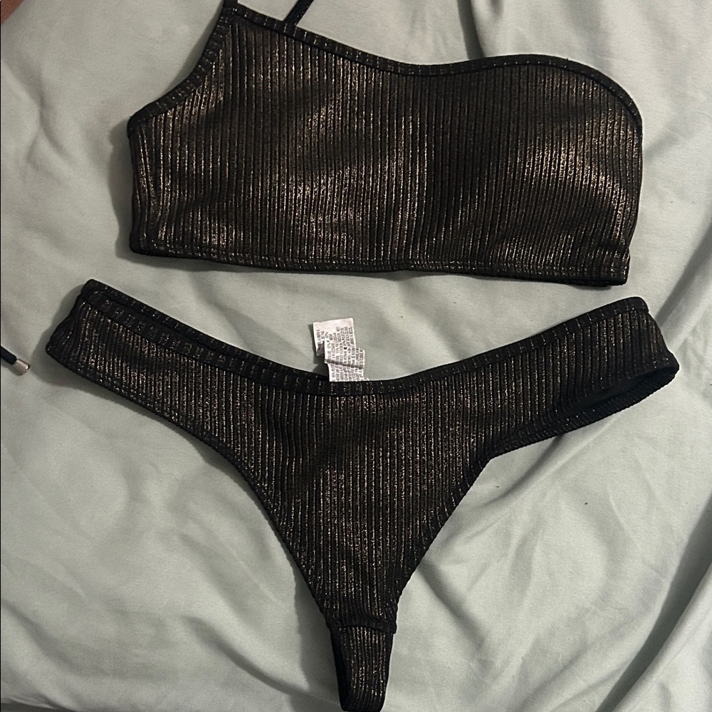 forever 21 gold metallic one strap bikini set